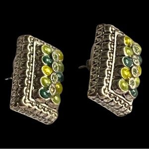 Elegant Vintage Silver Green Enamel Clear Rhinestones Stud Earrings Signed Best